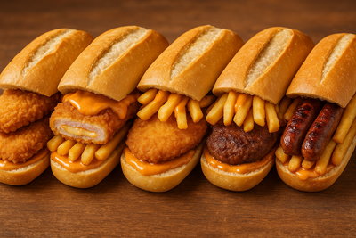 Sandwich simple savoureux avec des frites et différentes garnitures de poulet et viande