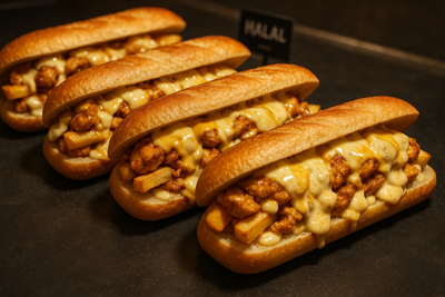 Sandwichs halal spéciaux avec fromage, poulet mariné et frites dans baguette française – O'Kalage Du Brody Marseille