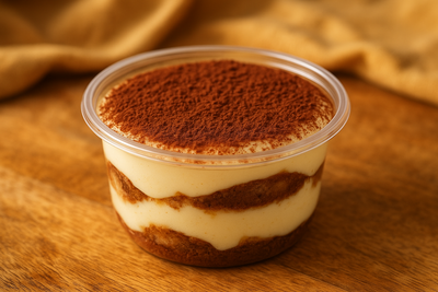 Tiramisu crémeux en pot de O'Kalage du Brody, stratifié de café et de cacao