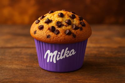 Muffin Milka avec morceaux de chocolat dans un emballage violet sur fond en bois